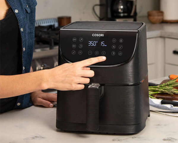 cosori 5.5l smart air fryer, square & removable basket, 11 cooking functions, roast, bake, reheat, dishwasher safe, black